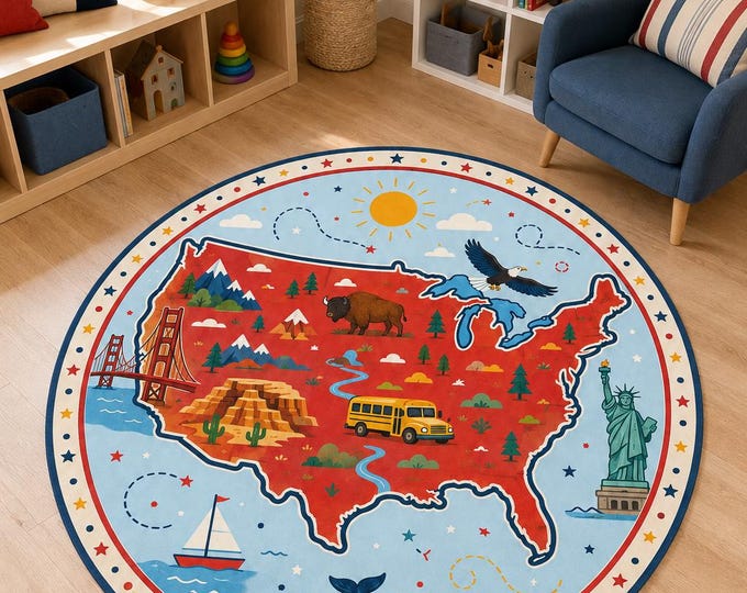 USA Map Round Rug: Educational Kids Play Mat, 3D Microfiber (Custom Size)