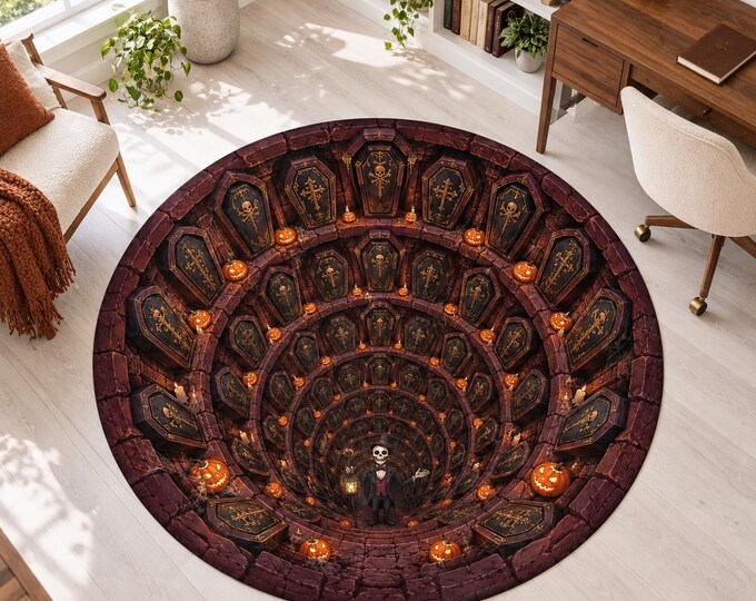 Coffin Tunnel Rug, Round Digitally Printed Carpet, Gothic Coffins and Skeleton Lantern Design