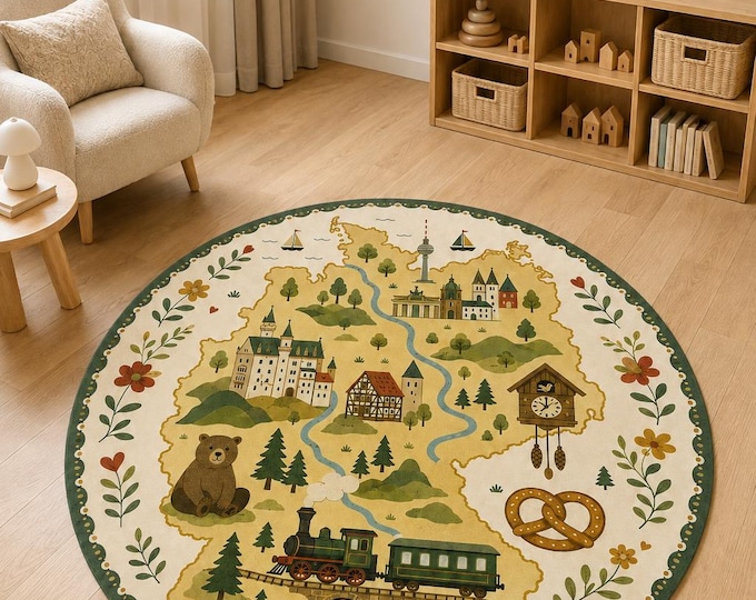 Round Germany Map Rug, Fairytale Road, Montessori Kids Room, Educational Digital Print Play Mat