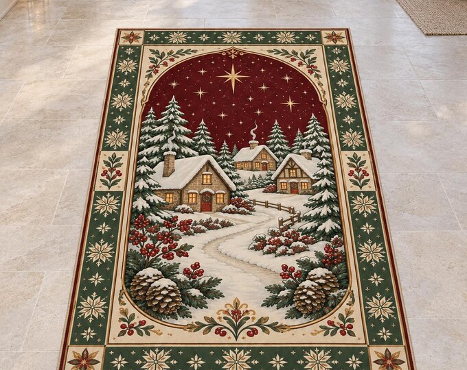 Snowy Village Christmas Rug with Burgundy Starry Sky, Digitally Printed Festive Living Room Decor