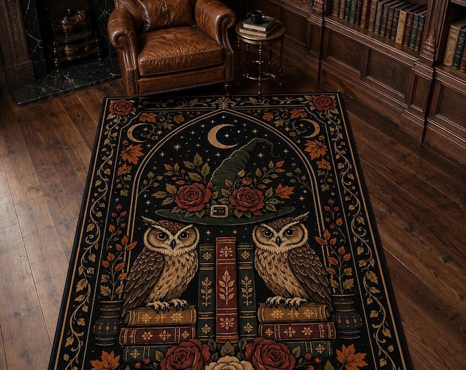 Owl Witch Rug, Gothic Library, Vintage Halloween, Reading Room Art, Autumn Accent, Book Lover