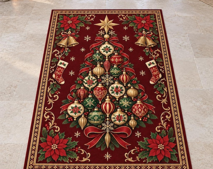 Christmas Ornament Tree Rug with Burgundy Gold Palette, Digitally Printed Festive Living Room Decor