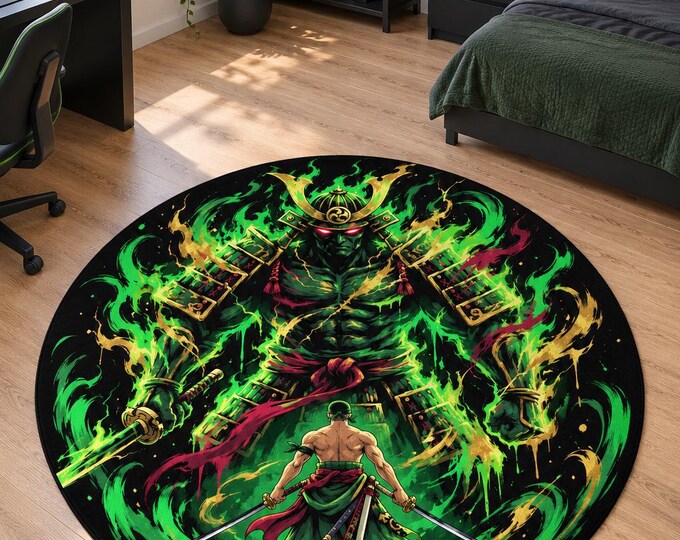 Neon Samurai Warrior Rug, Green Flame Armor, Gaming Room Carpet (Round)