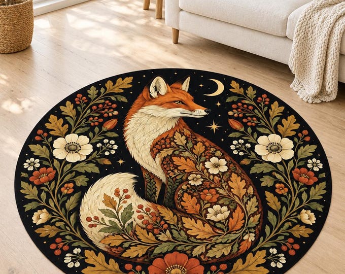 Bohemian Fox Rug, Washable Round Area Carpet, Colorful Printed Floor Decor for Home and Bedroom