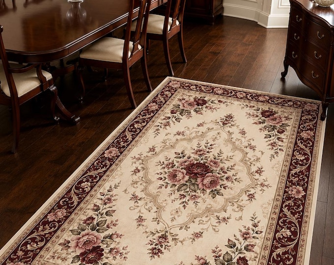 Burgundy Floral Area Rug, Victorian Inspired Medallion Carpet, Microfiber Polyester Home Decor