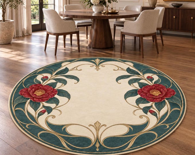 Cream Teal Floral Round Rug, Red Flowers, Gold Scroll Border, Digital Print Bedroom Decor