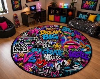 Graffiti Pop Art Round Rug, Vibrant Street Art Game Room Decor