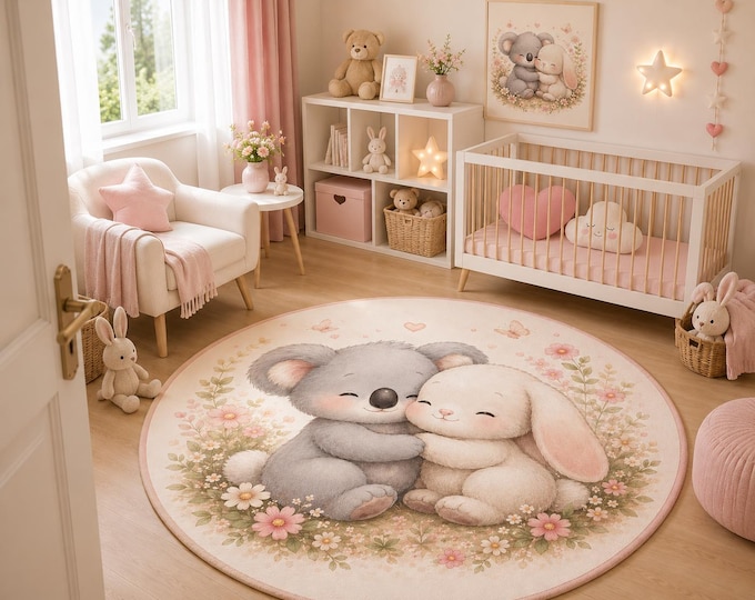 Koala Bunny Rug, Round Nursery Carpet, Floral Baby Room Decor, Cute Animal Playroom Mat