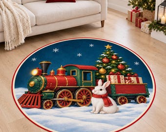 Toy Train Rug, Round Blue Digital Print with Rabbit Illustration for Festive Living Rooms