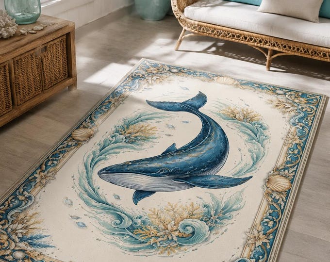 Coastal Whale Ocean Rug | Digital Print, Microfiber Polyester, Blue Nursery Carpet