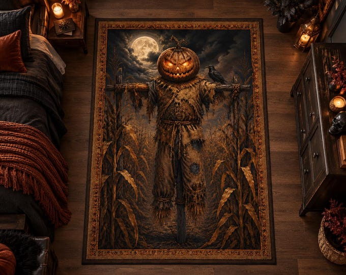 Scary Scarecrow Rug, Glowing Pumpkin Head, Haunted Cornfield, Gothic Halloween Living Room Floor Decor