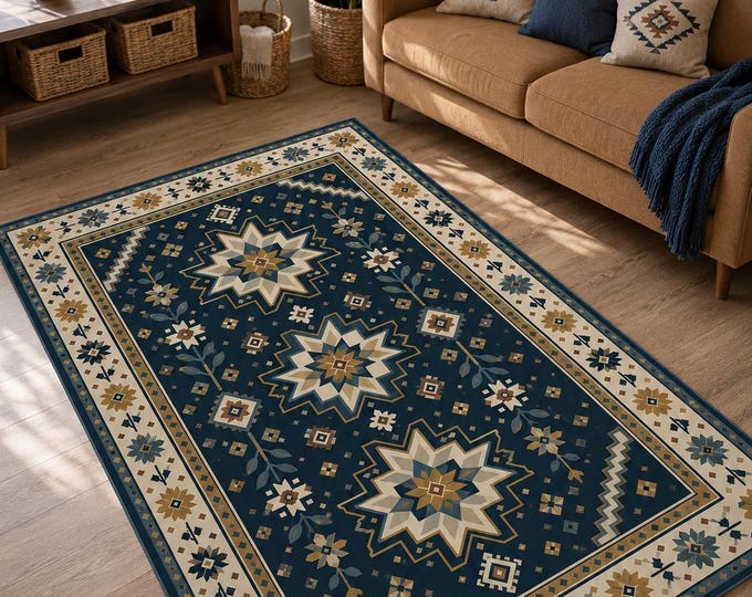Navy Folk Area Rug, Scandinavian Geometric Carpet, Mustard Floral Craftsman Living Room Cozy Decor
