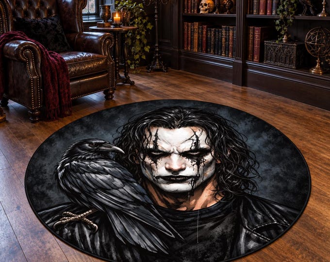 Dark Raven Painted Portrait Round Rug, Digital Print, Living Room Decor, Decorative Floor Accent