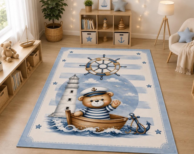 Nautical Bear Sailor Rug | Lighthouse, Ship Wheel, Ocean Theme (Mat Size)
