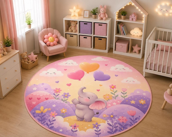 Baby Elephant Rug, Round Nursery Carpet with Heart Balloons, Pink Flowers and Purple Hills