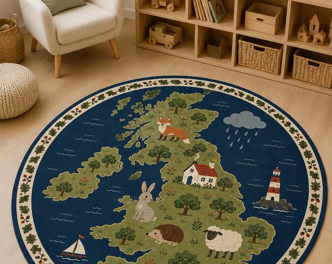 Round Britain Map Rug, Woodland Animals, Kids Room, Educational Play Mat, Digital Print Decor