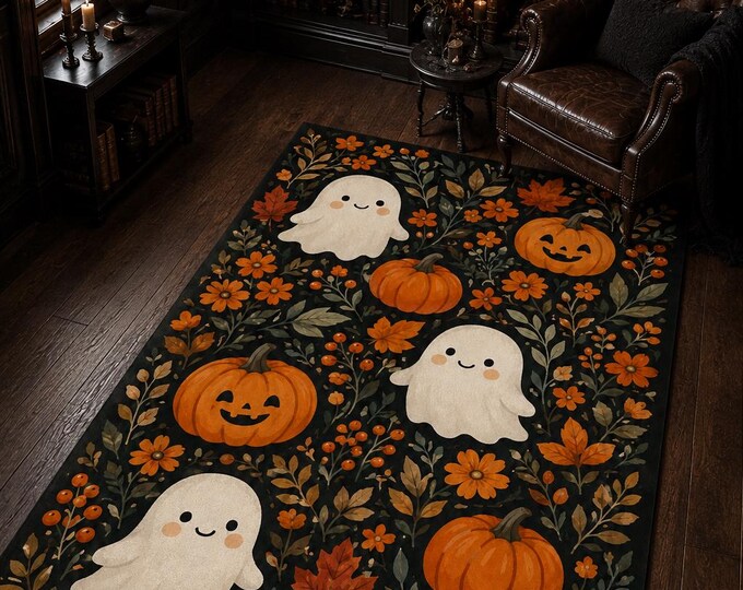 Floral Ghost Halloween Rug, Orange Pumpkins, Nursery Playroom Decor