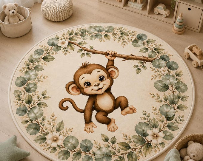 Monkey Nursery Rug, Round Kids Playroom Carpet, Neutral Safari Botanical Design