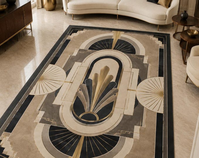 Art Deco Geometric Microfiber Rug – Black Gold Fan Motif, Non-Slip Backing