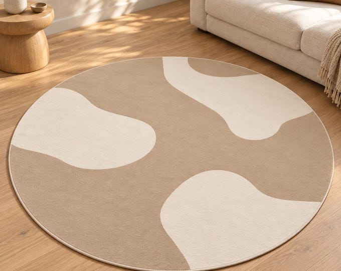 Beige Round Rug, Organic Abstract Design, Digitally Printed Japandi Area Carpet for Living Room