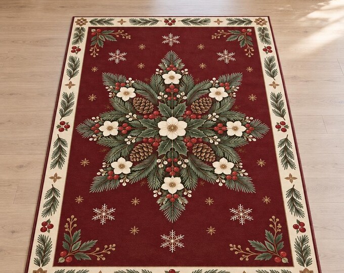 Botanical Christmas Rug with White Flowers and Pinecones, Digitally Printed Festive Living Room Decor