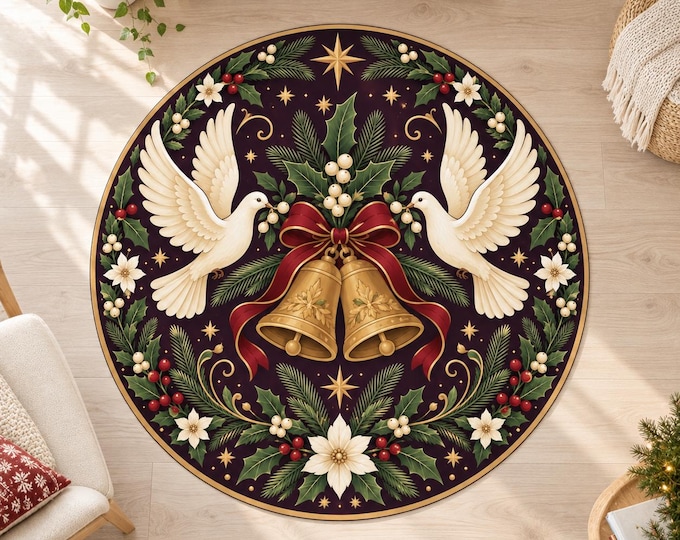 Christmas Bells Rug, Round Plum Digital Print with Ivory Doves for Festive Living Rooms