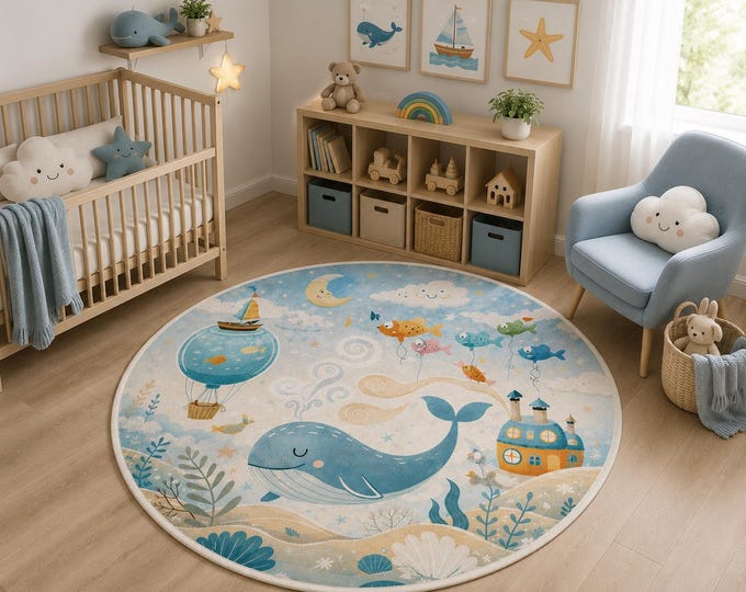Whale Ocean Round Nursery Rug, Nautical Kids Playroom Carpet, Coastal Baby Decor