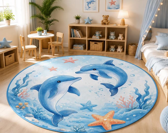 Dolphin Round Rug, Ocean Nursery Decor, Sea Animal Carpet, Digital Print, Blue Kids Playroom