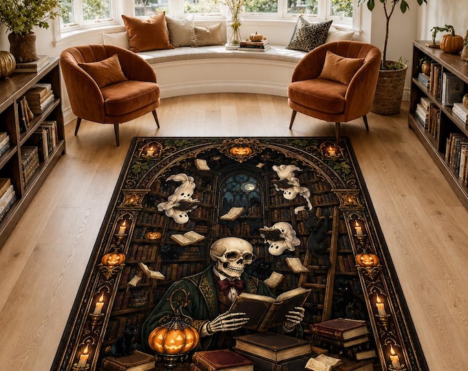 Skeleton Library Rug, Reading Ghost Cat Carpet for Book Lovers Office Halloween Decor Gift