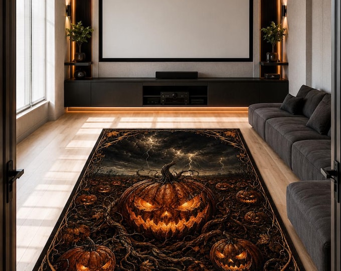 Scary Pumpkin Rug, Lightning Jack O Lantern Carpet for Gaming Room Bedroom Halloween Decor
