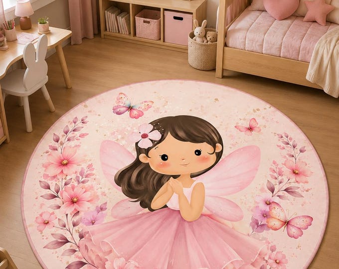 Fairy Girl Round Rug, Pink Floral Butterfly Nursery Decor, Kids Playroom Carpet