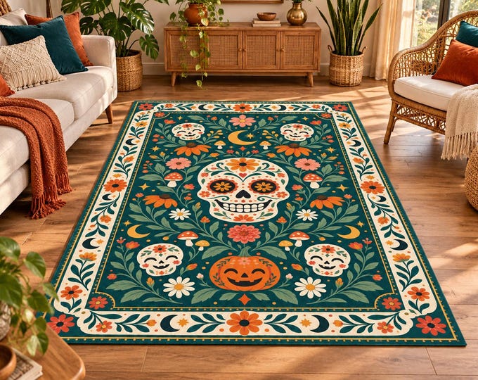 Sugar Skull Rug, Floral Folk Art, Colorful Halloween Decor, Botanical Day of Dead Accent