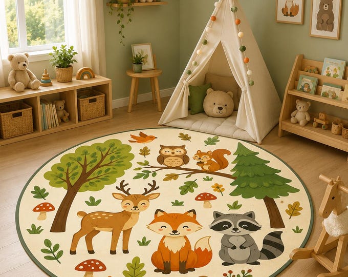 Woodland Animals Round Nursery Rug, Forest Fox Deer Raccoon Playroom Carpet