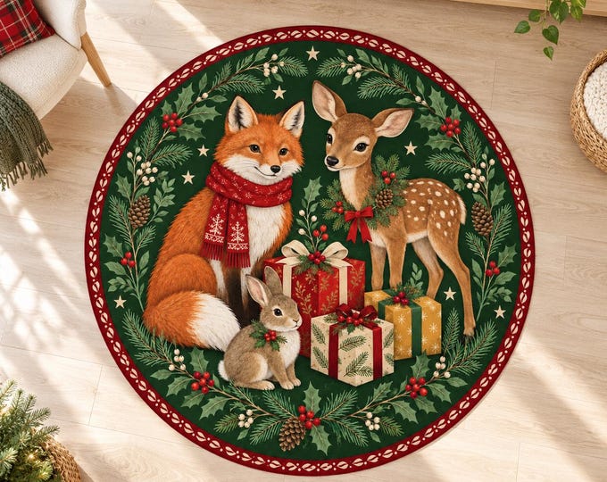Forest Animal Rug, Round Green Digital Print with Woodland Friends for Festive Living Rooms