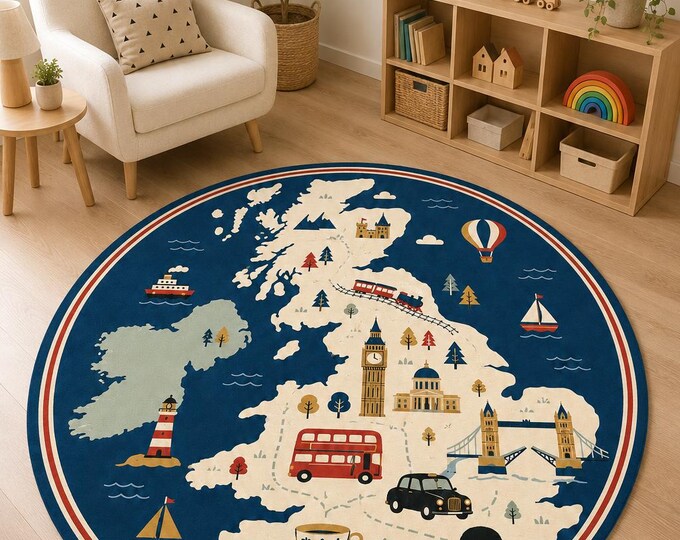 Round London City Map Rug, Kids Road Play Mat, British Nursery Decor