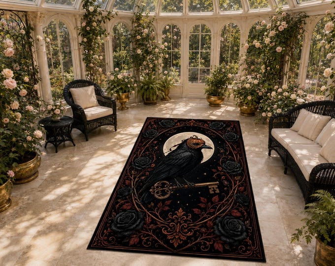 Raven Key Rug, Gothic Black Rose Carpet for Bedroom Halloween Moonlit Autumn Home Decor