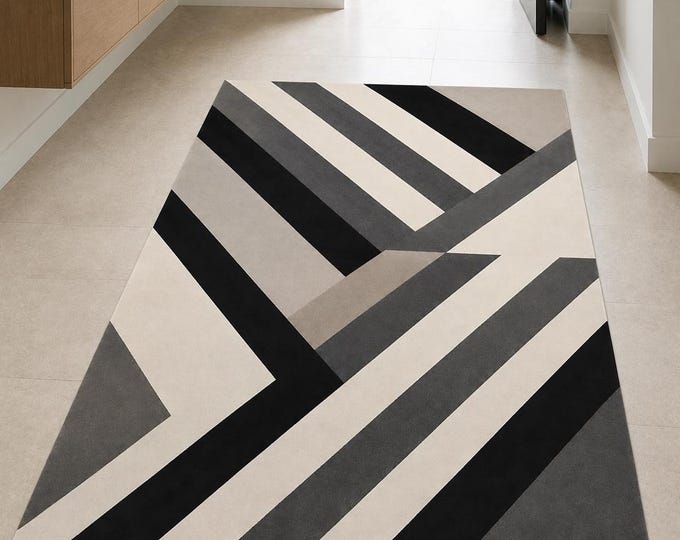 Modern Black White Diagonal Stripes Rug, Minimalist Living Room Floor Decor