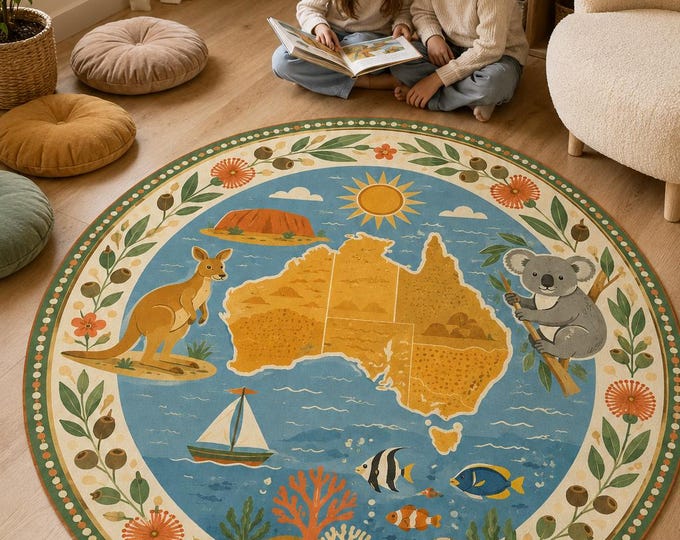 Australia Map Rug,Round Kids Carpet,Koala Nursery,Wildlife Playroom,Educational Bedroom Decor