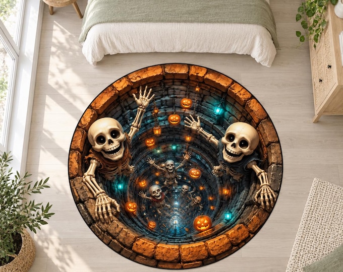 Skeleton Well Rug, Round Digitally Printed Carpet, Smiling Figures with Teal and Orange Lanterns