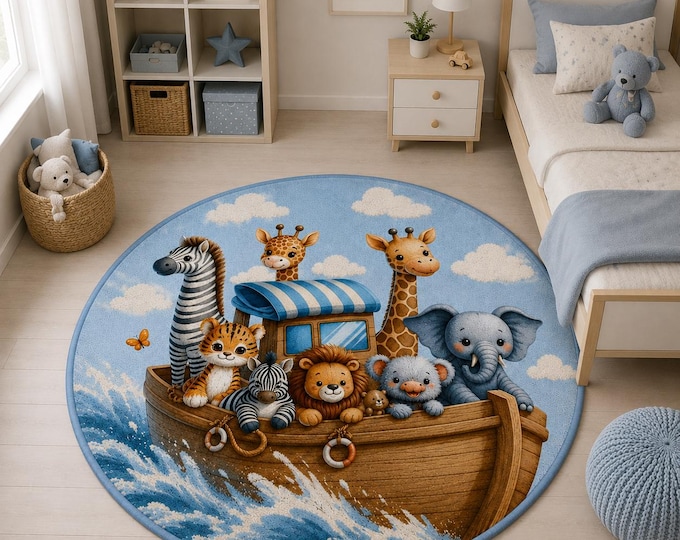 Round Noah's Ark Rug, Safari Animals Nursery Play Mat, Blue Baby Room Decor