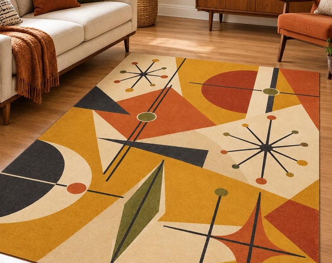 Mid Century Geometric Rug, Retro Living Room Decor, Atomic Pattern Floor Rug, Abstract Shape Carpet, Modern Home Style, Printed Floor Accent