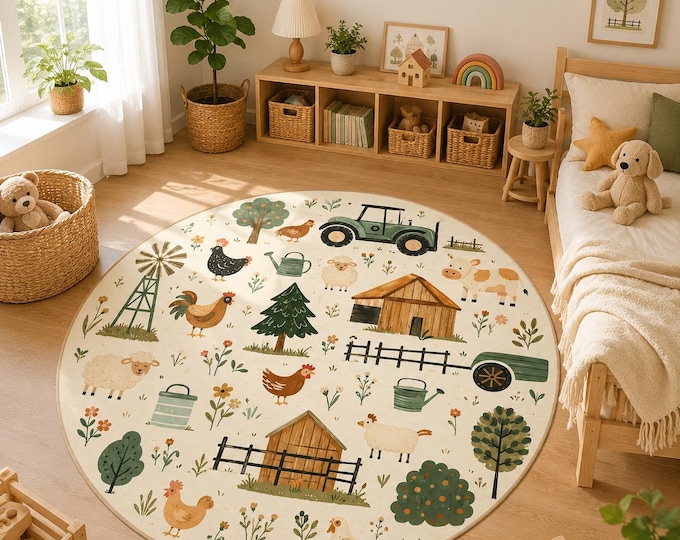 Farm Animal Round Rug, Tractor Nursery Carpet, Barnyard Kids Playroom Decor, Baby Room Mat