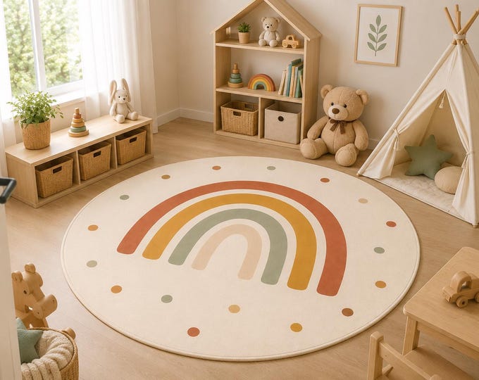 Boho Rainbow Rug, Round Nursery Carpet, Montessori Kids Room Decor, Washable Playroom Floor Mat