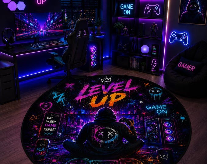 Gaming Room Rug, Round Carpet, Neon Level Up Decor, Washable Video Game Floor Mat