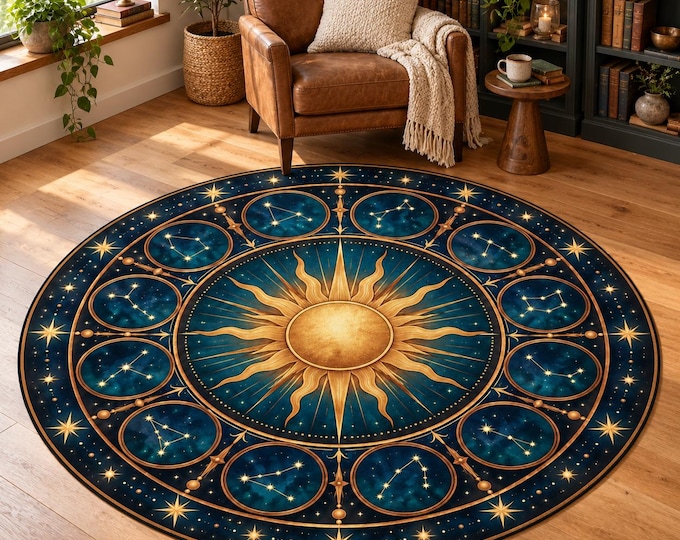 Celestial Sun Round Rug, Gold Zodiac Constellations, Navy Stars, Digital Print Astrology Bedroom Decor