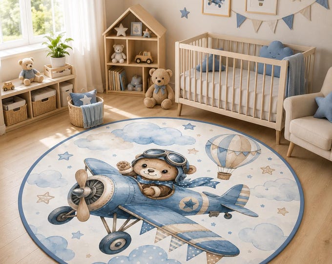 Round Teddy Bear Pilot Airplane Nursery Rug, Aviation Playroom Carpet