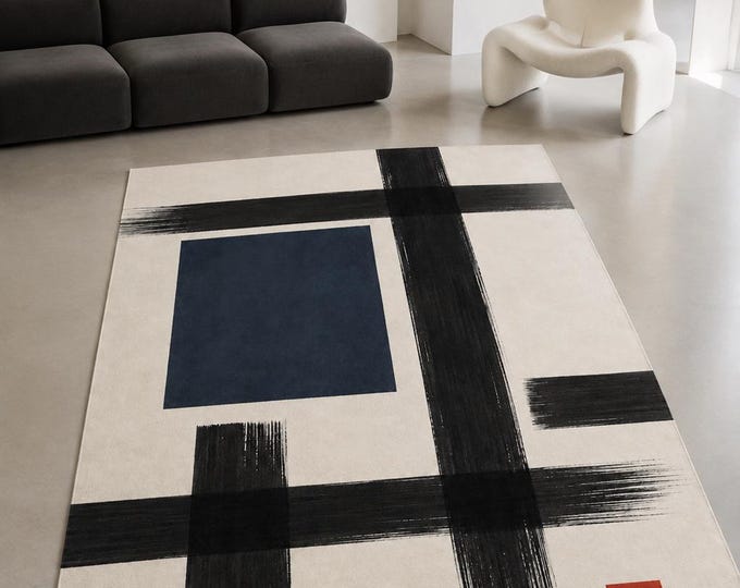 Abstract Brushstroke Area Rug, Navy Black Cream Modern Floor Decor