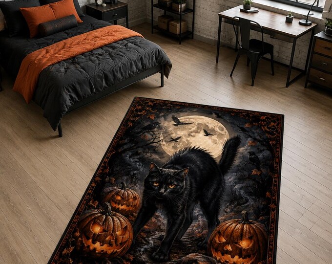 Moonlit Cat Rug, Black Feline Raven Pumpkin Carpet for Gothic Living Room Halloween Decor