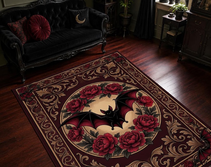 Gothic Bat and Roses Rug – Vintage Floral Home Decor, Witchcore Halloween Carpet