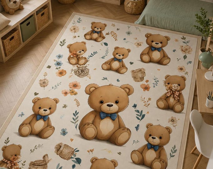 Teddy Bear Floral Nursery Rug, Microfiber Carpet, Non-Slip Cotton Backing